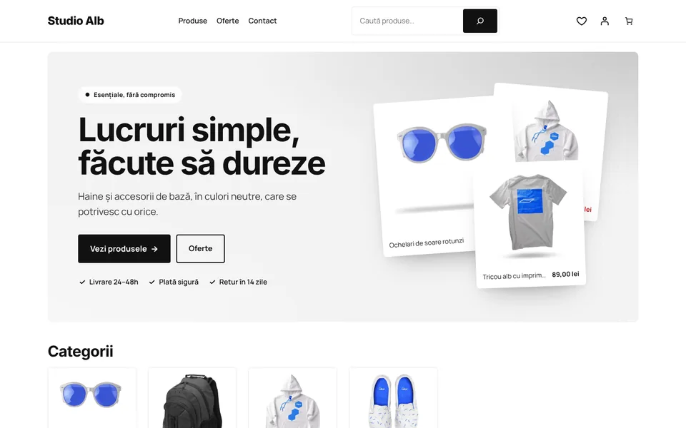 Tema Minimal pe calculator: prima pagină a magazinului demonstrativ Studio Alb